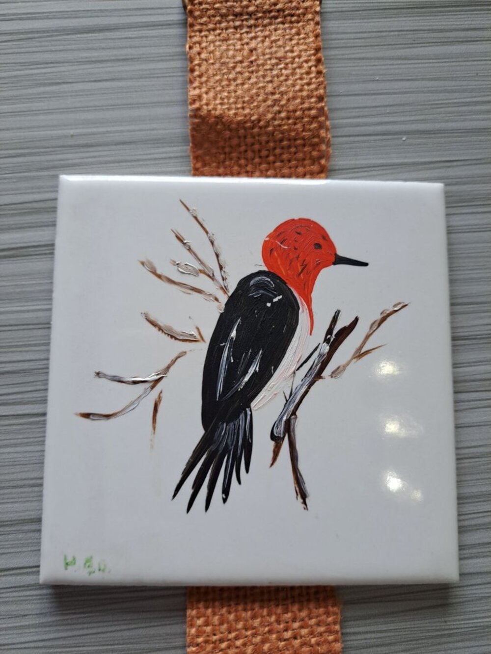 Hand-Painted Ceramic Red Headed Woodpecker Wall Tile Signed Wall Hanging - Picture 2 of 11